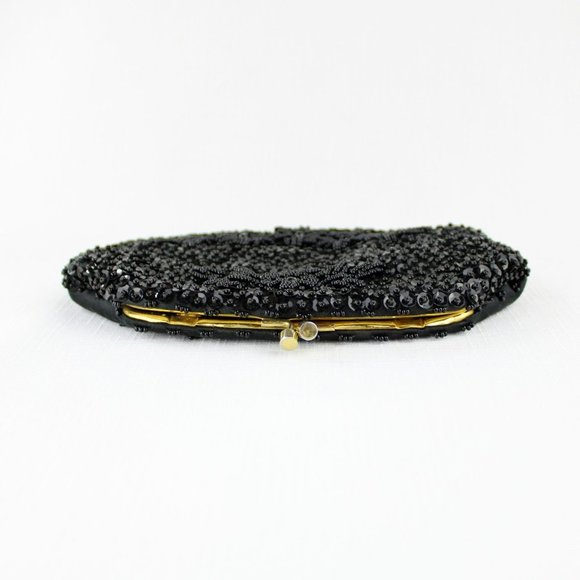 Vintage Black Beaded Purse Kiss Clasp Pouch Purse Frame Serpent Chain Gold PU30 - Picture 6 of 11